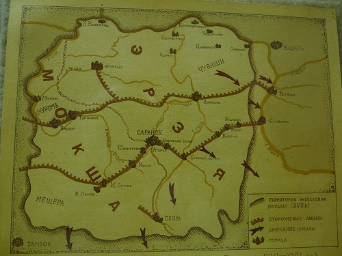 Карта из краеведческого музея города Саранск. Расположение «Засечных черт» 16-17 веках